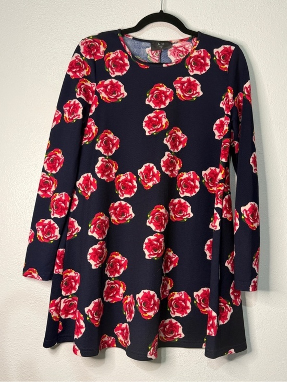 AX Paris Navy Floral Long-Sleeved Mini Swing Dress. Sz 12.